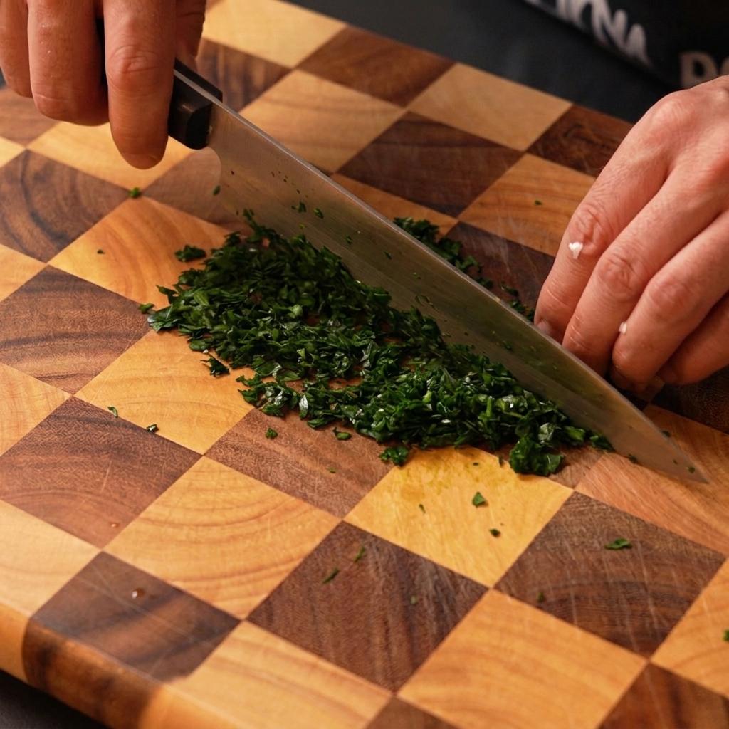 Fresh green parsley leaves being finely minced with a knife on a cutting board.