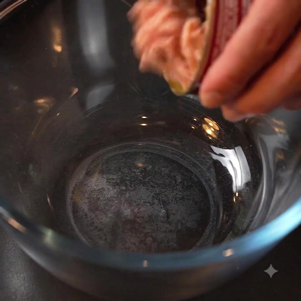 Drained tuna being emptied from a can into a clear mixing bowl.