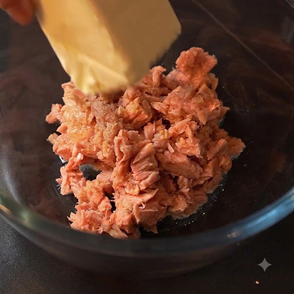 A block of cream cheese being placed into the glass bowl with tuna.