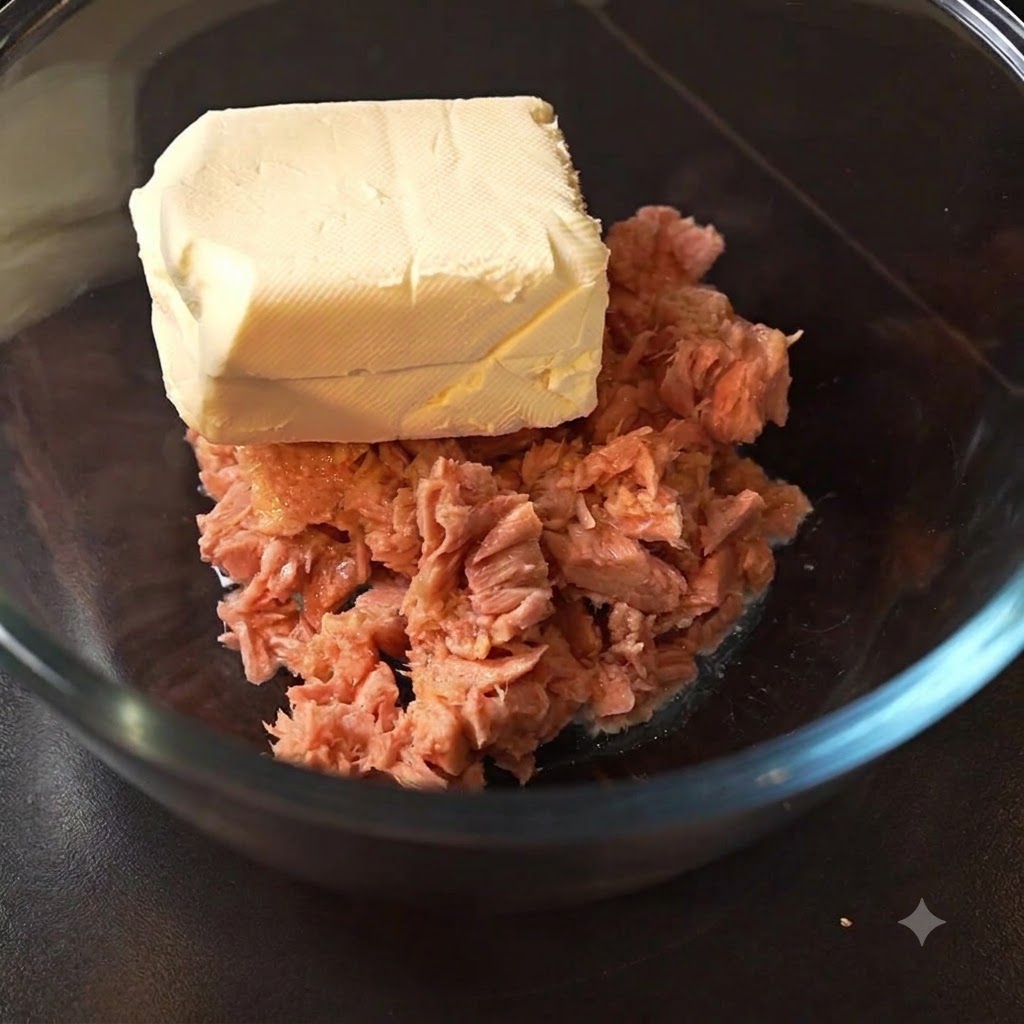 A block of cream cheese sitting on top of the flaked tuna inside a clear glass bowl.