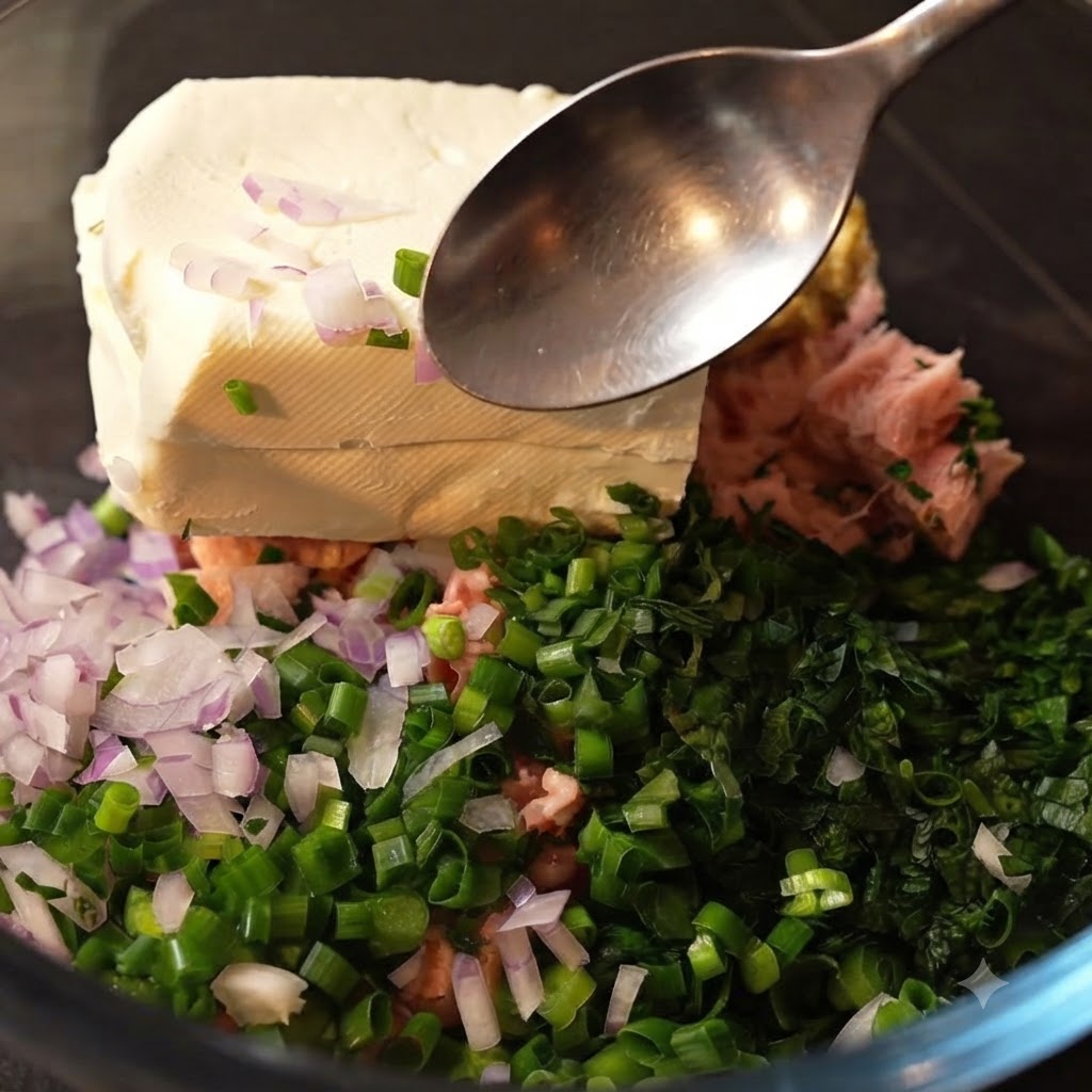 A spoonful of Dijon mustard being added into a glass bowl filled with chopped herbs, onions, tuna, and a block of cream cheese.