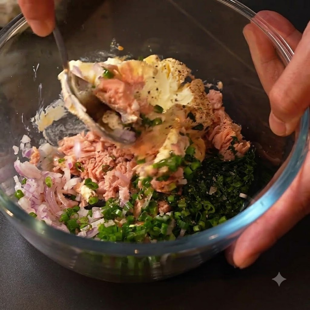 A spoon thoroughly mixing tuna, cream cheese, herbs, and spices together in a glass bowl.