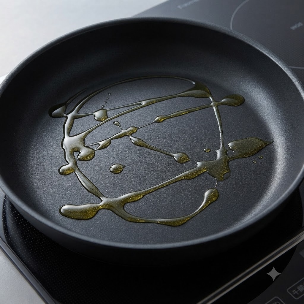 Olive oil drizzled and pooled inside a hot non-stick frying pan ready for toasting bread.