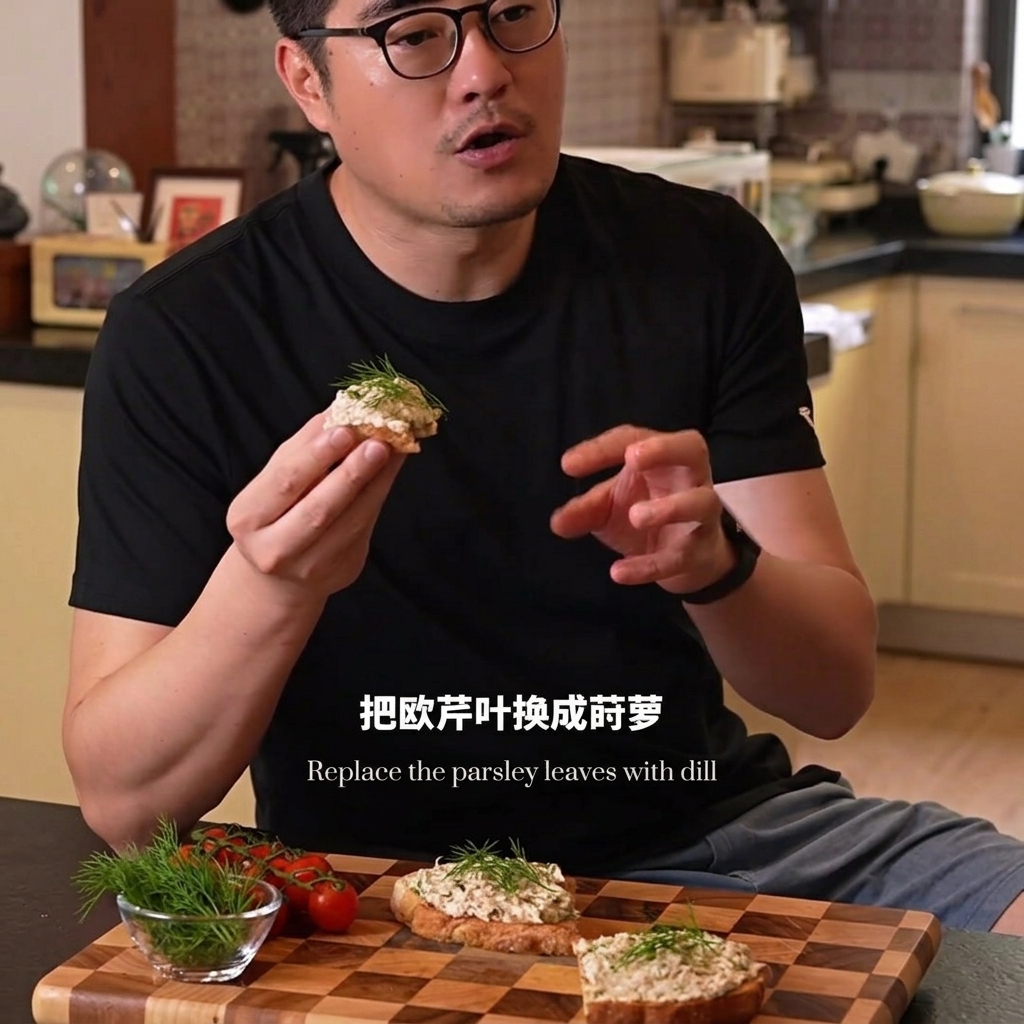 A person holding a finished tuna cheese open-faced sandwich, with more sandwiches and a bowl of fresh herbs and cherry tomatoes on a wooden cutting board.