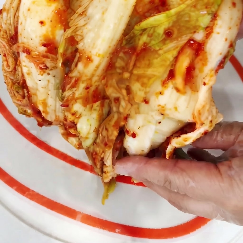 Half a head of kimchi being sliced into smaller pieces on a cutting board.