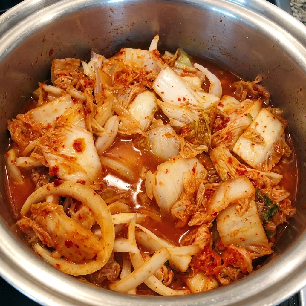 Clear water being poured over the stir-fried kimchi and tuna mixture in the pot.