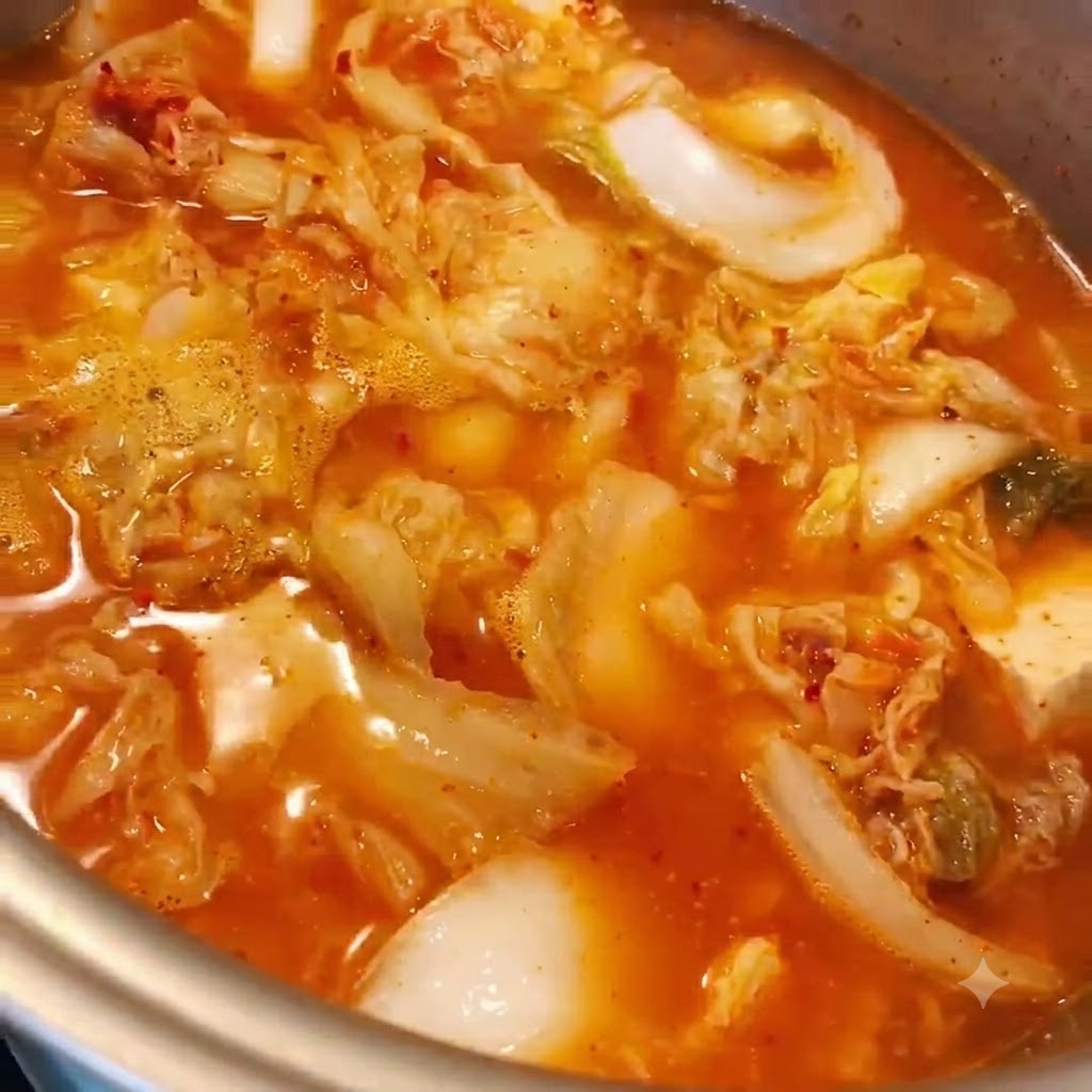 A metal pot filled with simmering kimchi stew with the lid placed on top.