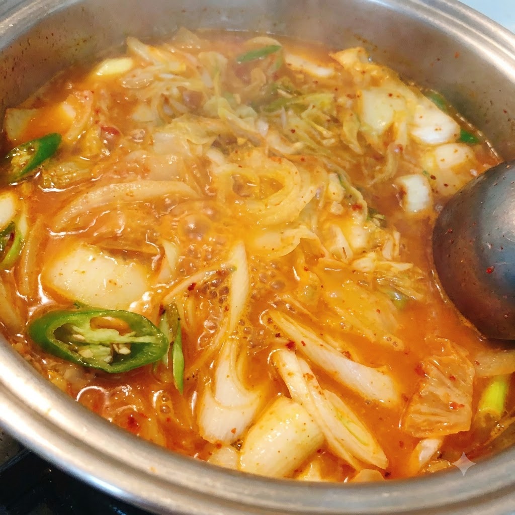 Sliced green chili peppers being added into the simmering stew.