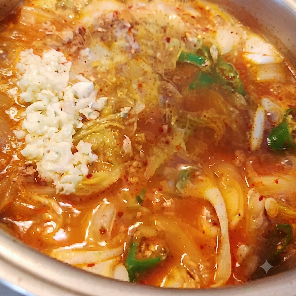 Minced garlic being added to the stew and mixed well.