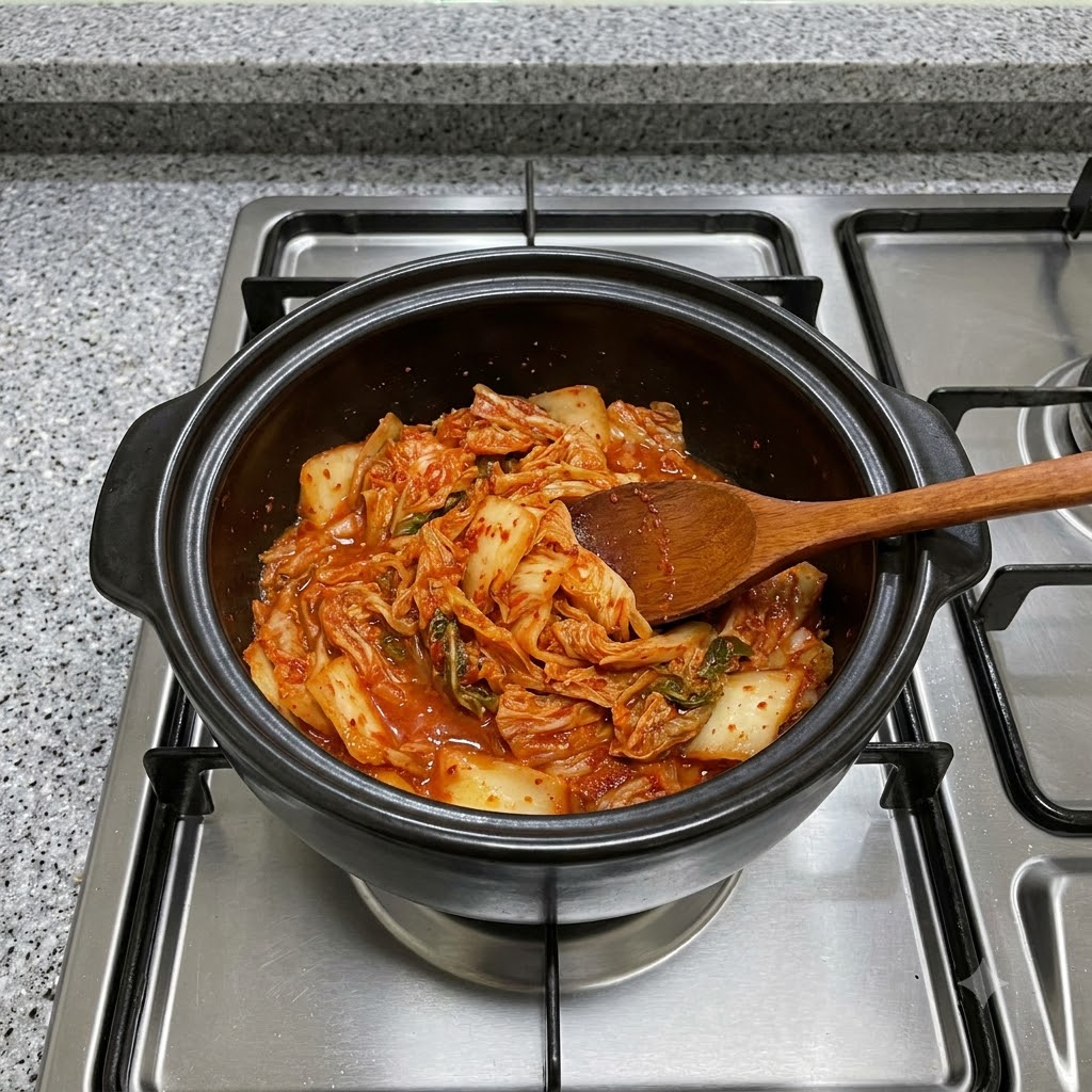 Red kimchi being mixed inside a black clay pot with a wooden spoon over a stove.