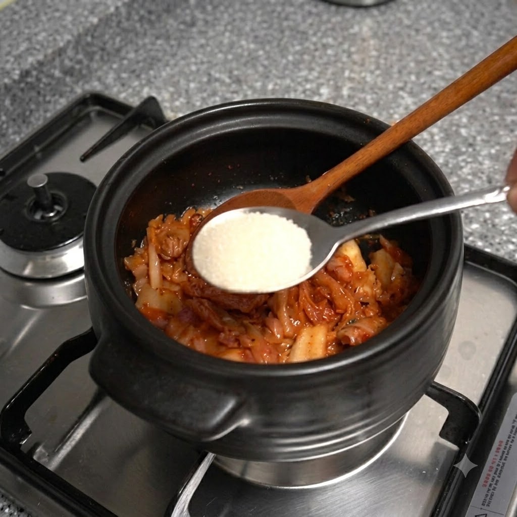 A metal spoon holding white sugar over the stir-frying kimchi inside the clay pot.