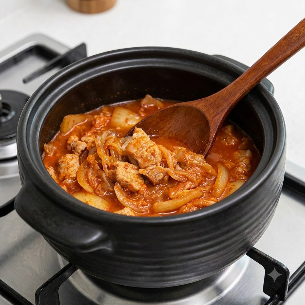 Chopped onion pieces mixed into the cooking kimchi inside the dark clay pot.