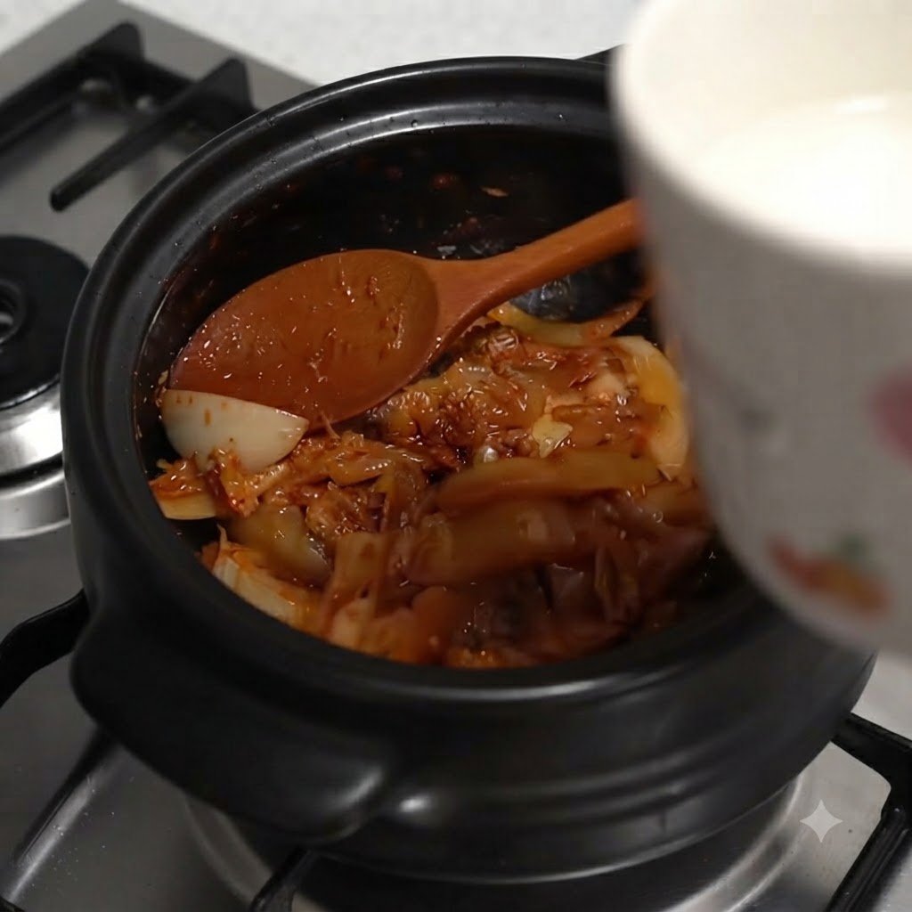 A white cup pouring water into the pot filled with cooked kimchi and onions.