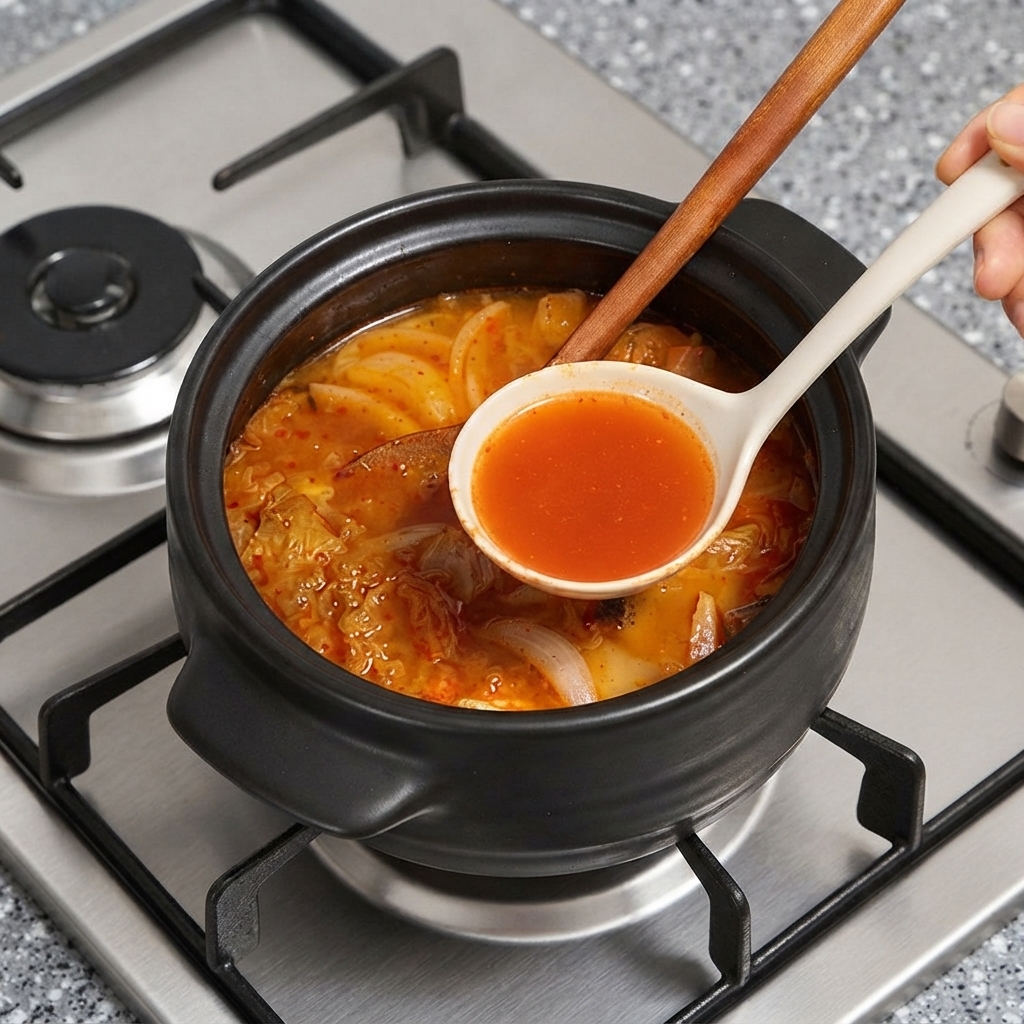 A white spoon scooping up red kimchi soup juice above the dark cooking pot.