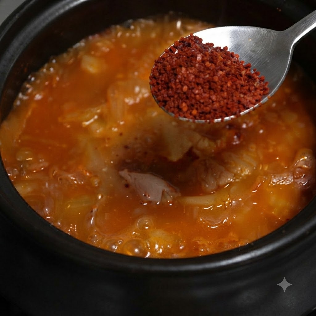 A spoon holding red chili powder positioned over the boiling orange soup.
