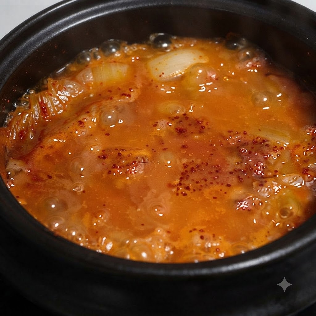 Chunks of canned tuna resting on top of the simmering kimchi soup.
