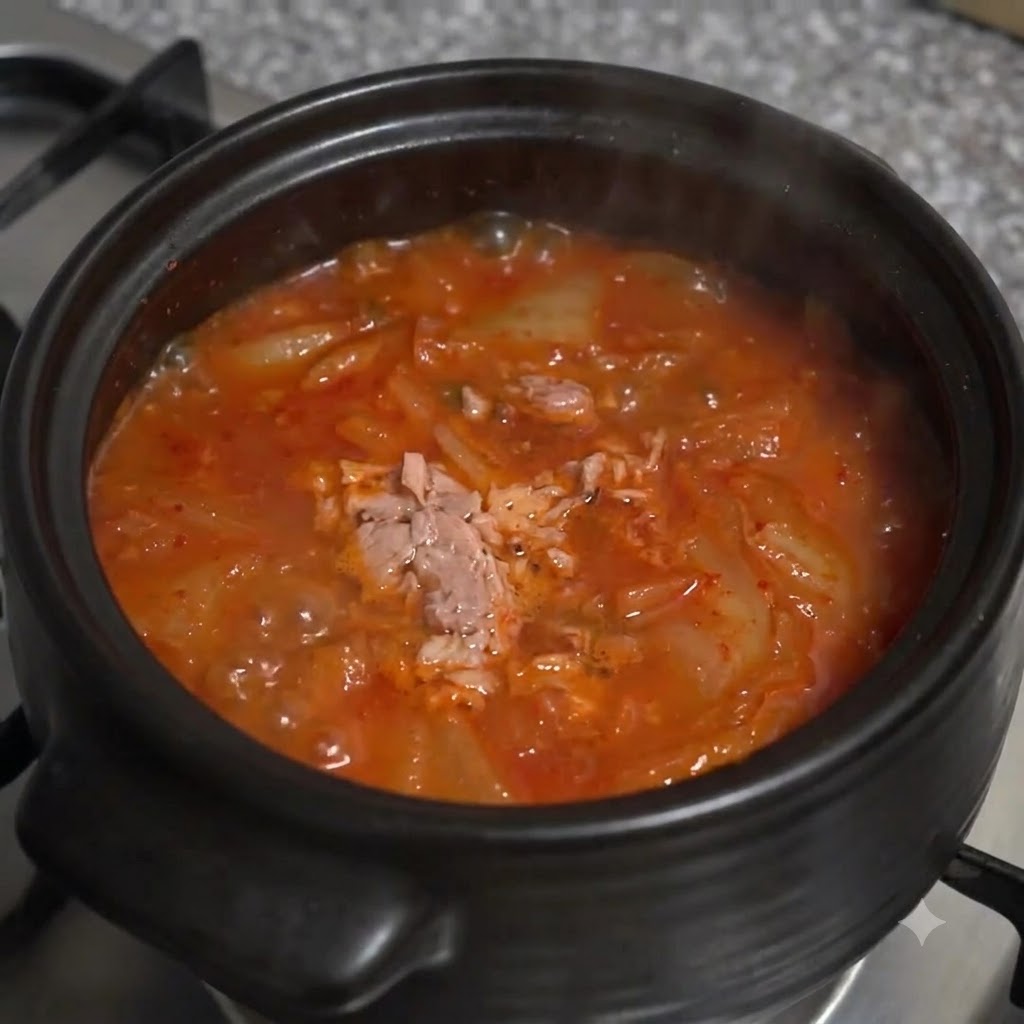 Sliced green onions scattered over the surface of the hot kimchi and tuna soup in a clay pot.