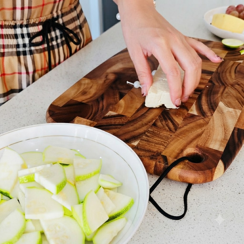 A block of white tofu being cut into neat small cubes on a wooden cutting board next to a bowl of sliced zucchini.