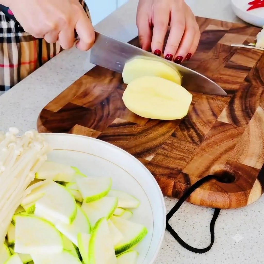 Fresh peeled potatoes being sliced into small pieces on a wooden cutting board.