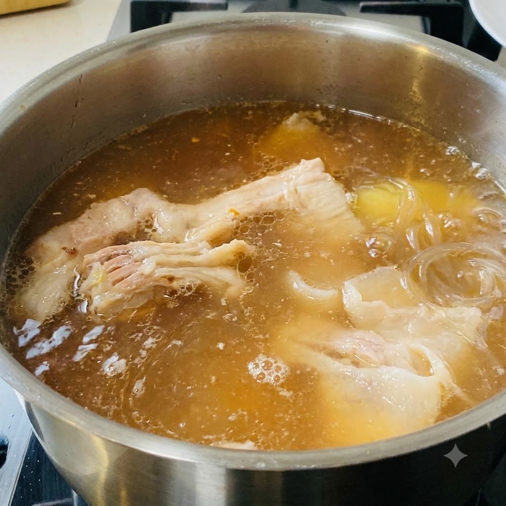 The soybean paste mixture being poured into a boiling pot of broth and pork belly pieces.