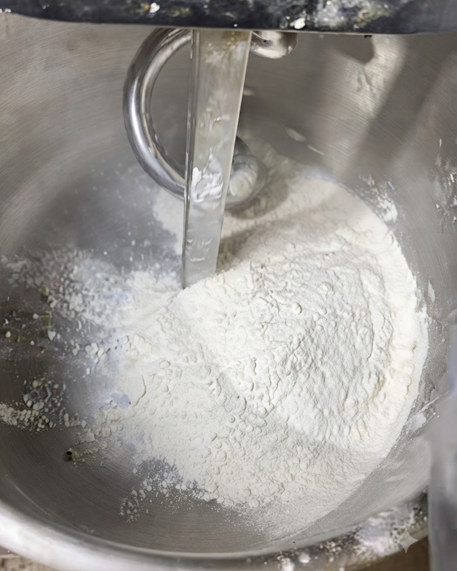 Dry and liquid ingredients being combined in a stand mixer bowl.