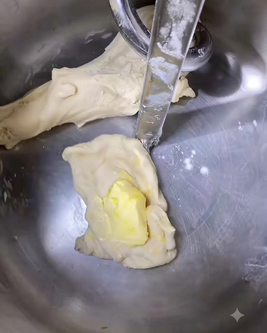Butter added to the dough inside the mixing bowl.