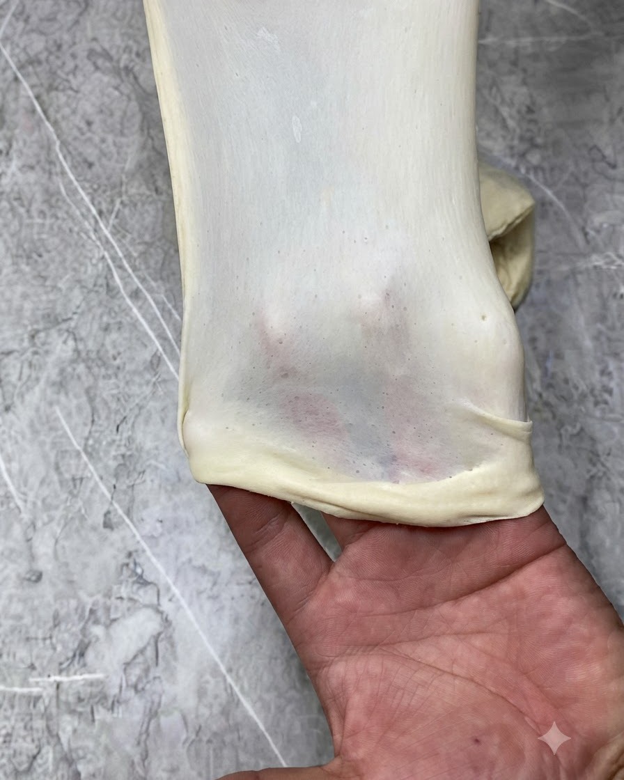 Dough being stretched to show the thin windowpane or glove membrane stage.