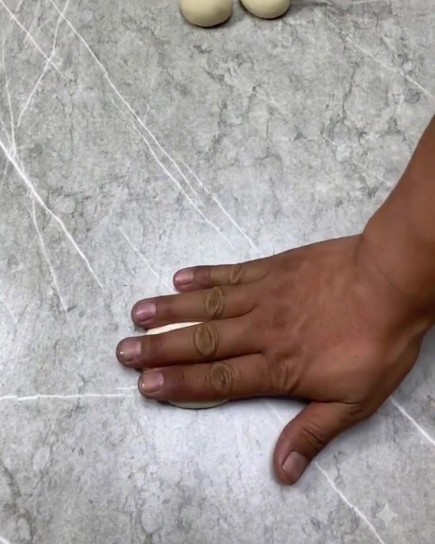 A hand flattening a dough ball on the countertop.