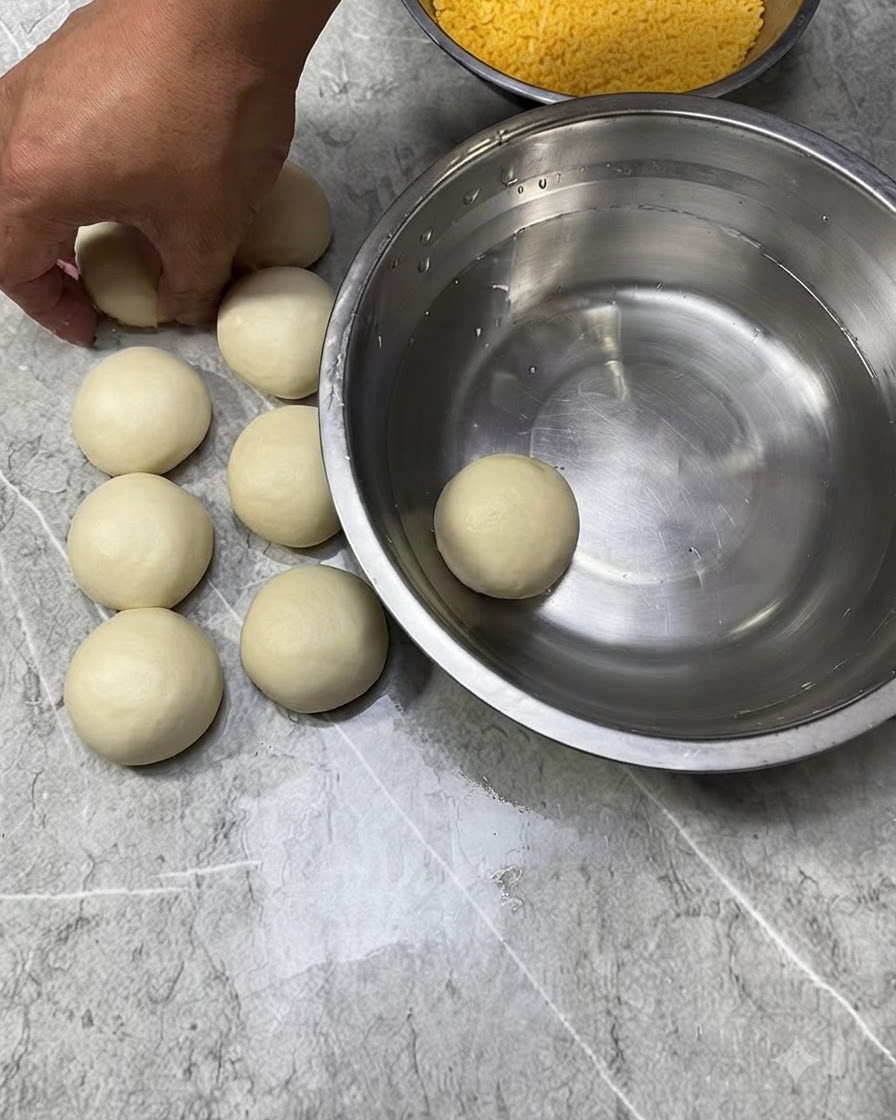 Dough balls next to a bowl of water and breadcrumbs during the coating process.