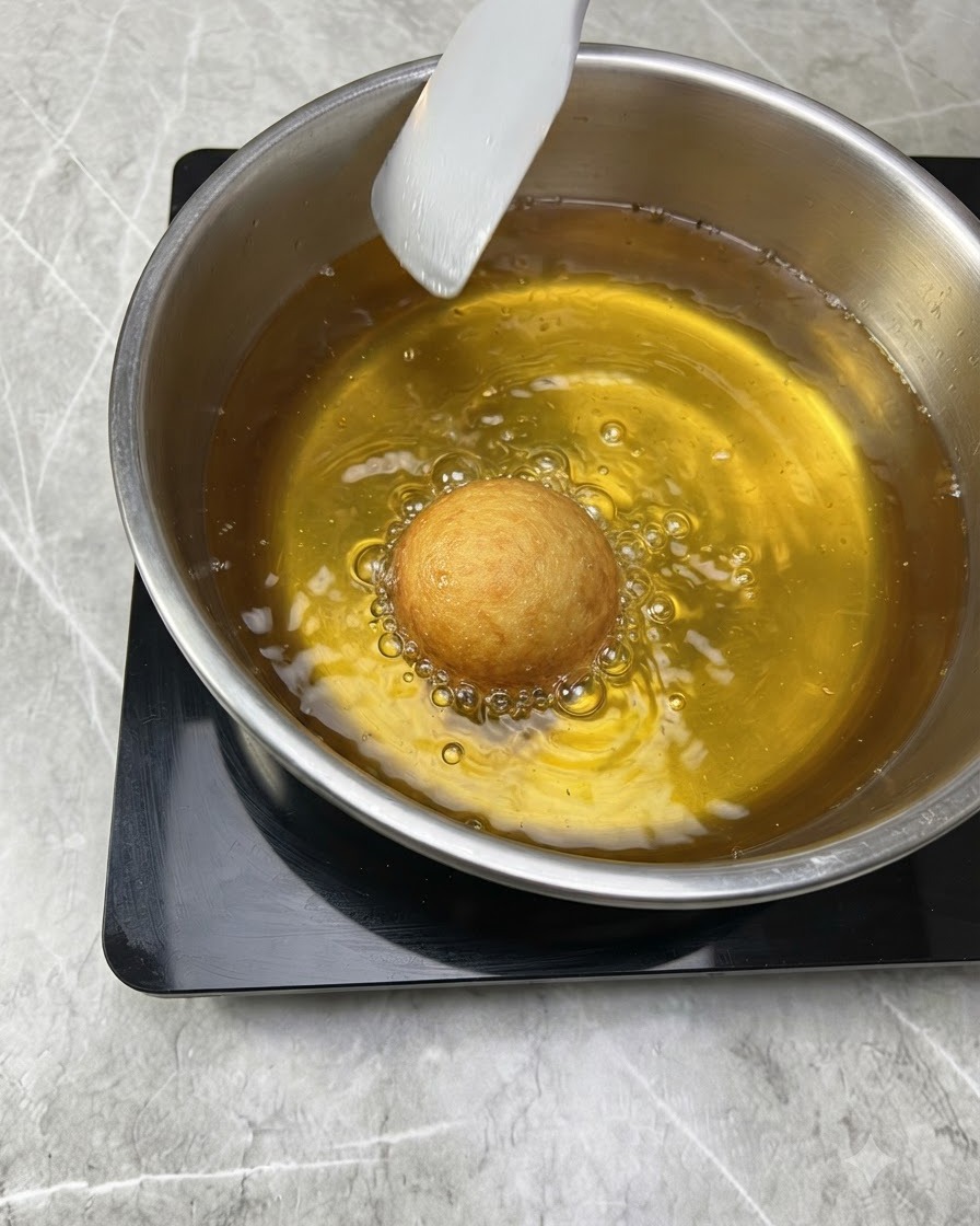 A single dough ball frying in bubbling hot golden oil inside a stainless steel pot.