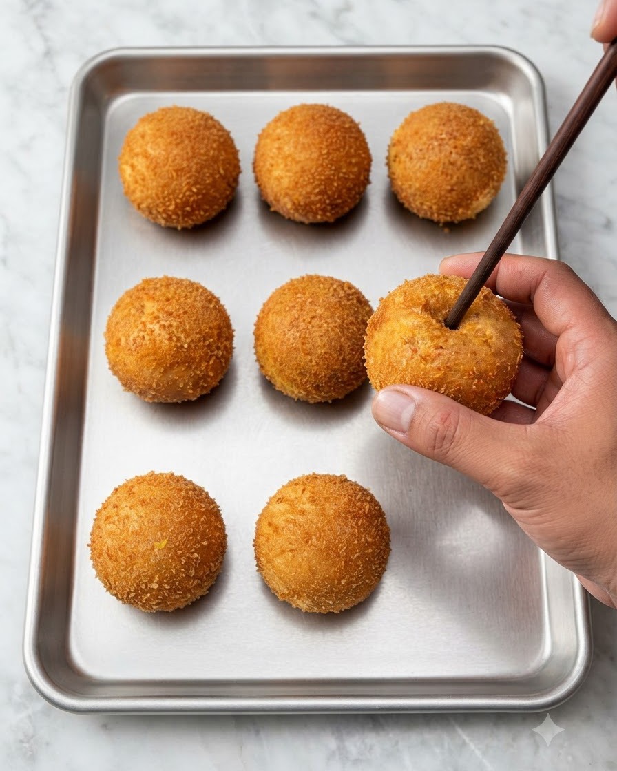 A hand using a wooden chopstick to pierce a small hole into the center of a golden-brown fried bun on a metal tray.