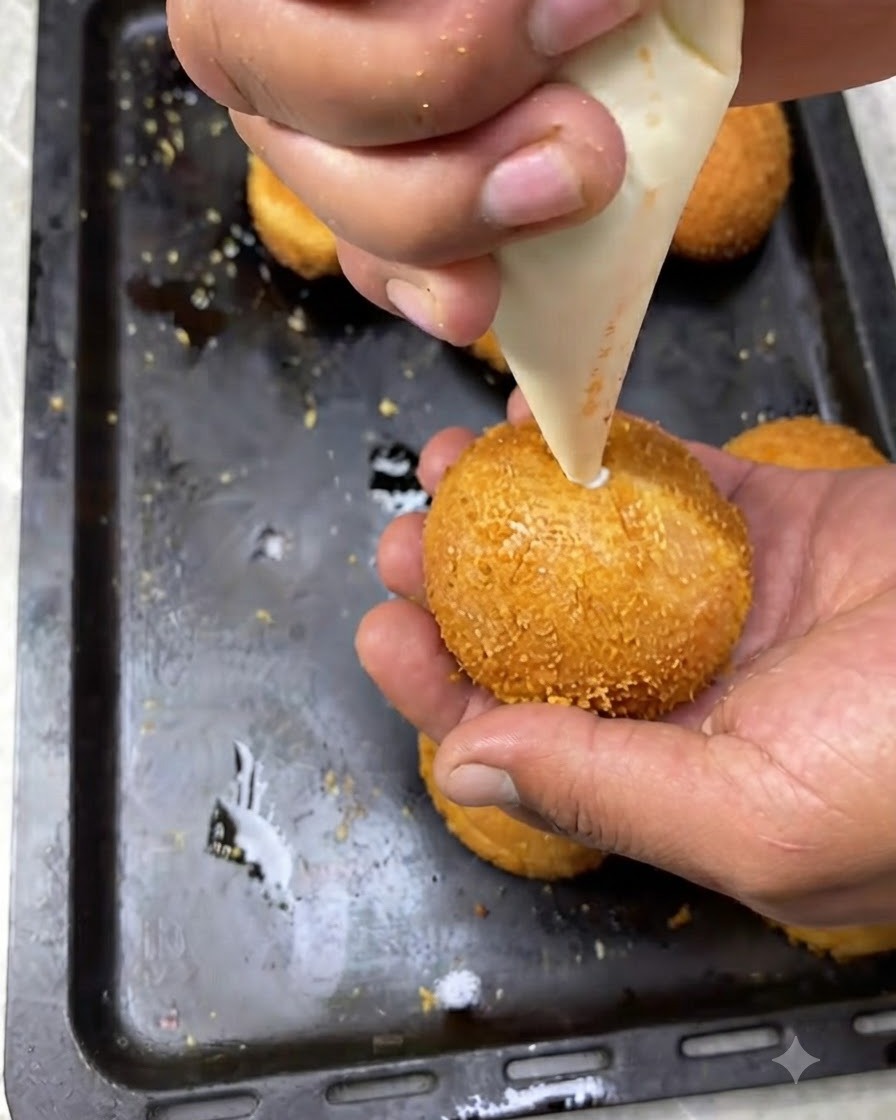 A piping bag injecting white creamy filling into the center hole of a golden fried burger held in hand.