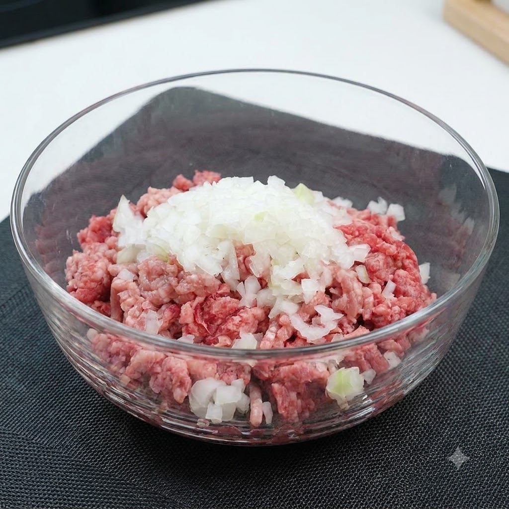 Garlic powder, salt, pepper, and dark Worcestershire sauce resting on top of the raw minced meat and onion mixture in a glass bowl.