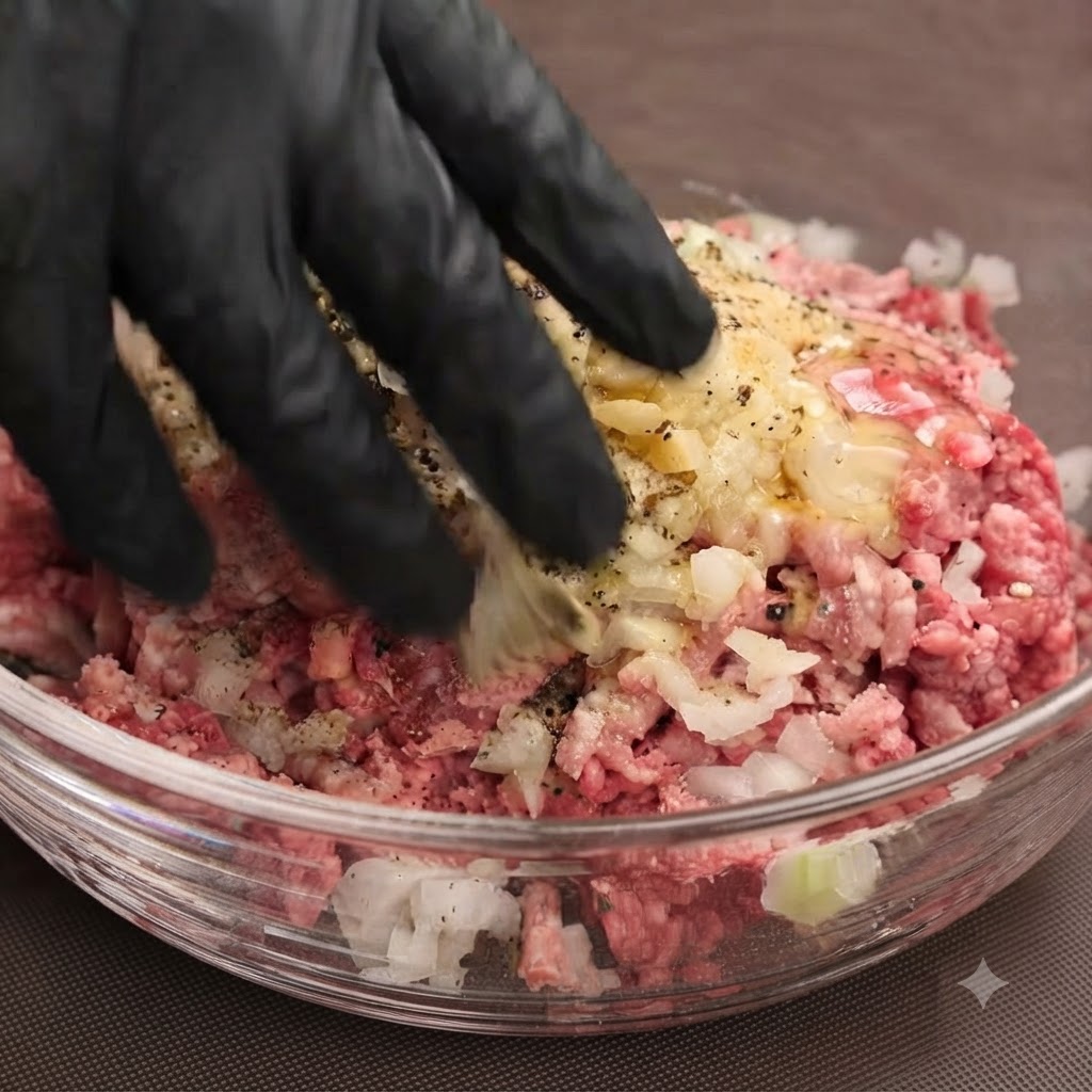 A hand wearing a black glove kneading and mixing raw minced beef, pork, and seasonings inside a glass bowl.
