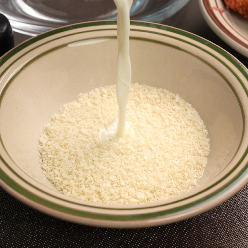 White milk being poured from above into a bowl filled with dry breadcrumbs.