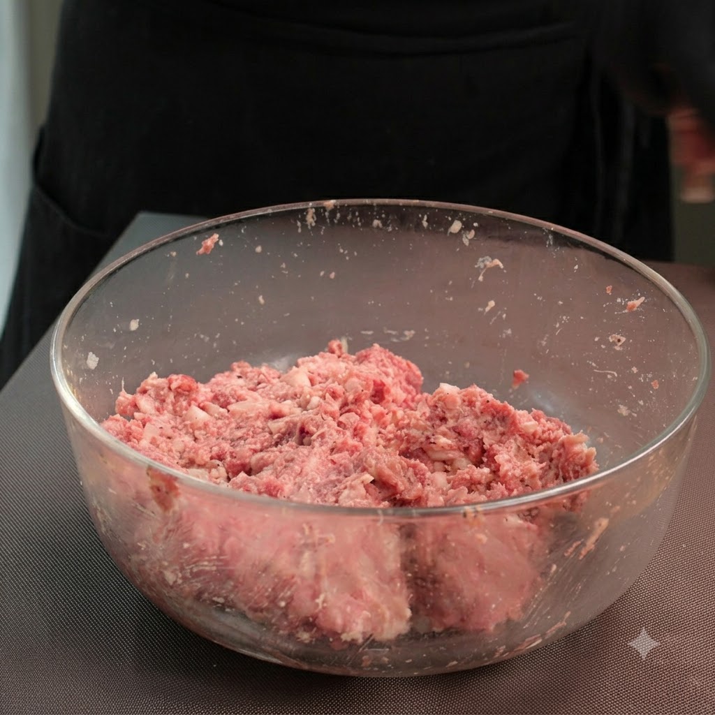 A portion of minced meat filling being measured out on a scale and rolled into a ball.