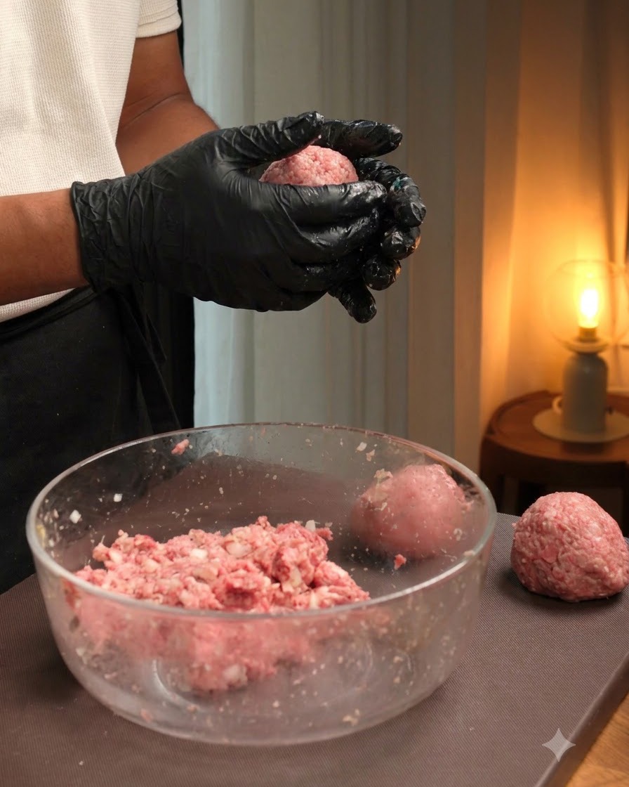 A meat ball being shaped and packed firmly into a round burger patty using a mold.
