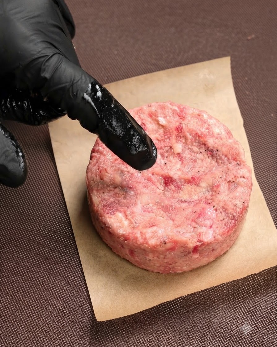 A gloved finger pressing a small indentation into the center of a raw burger patty resting on parchment paper.