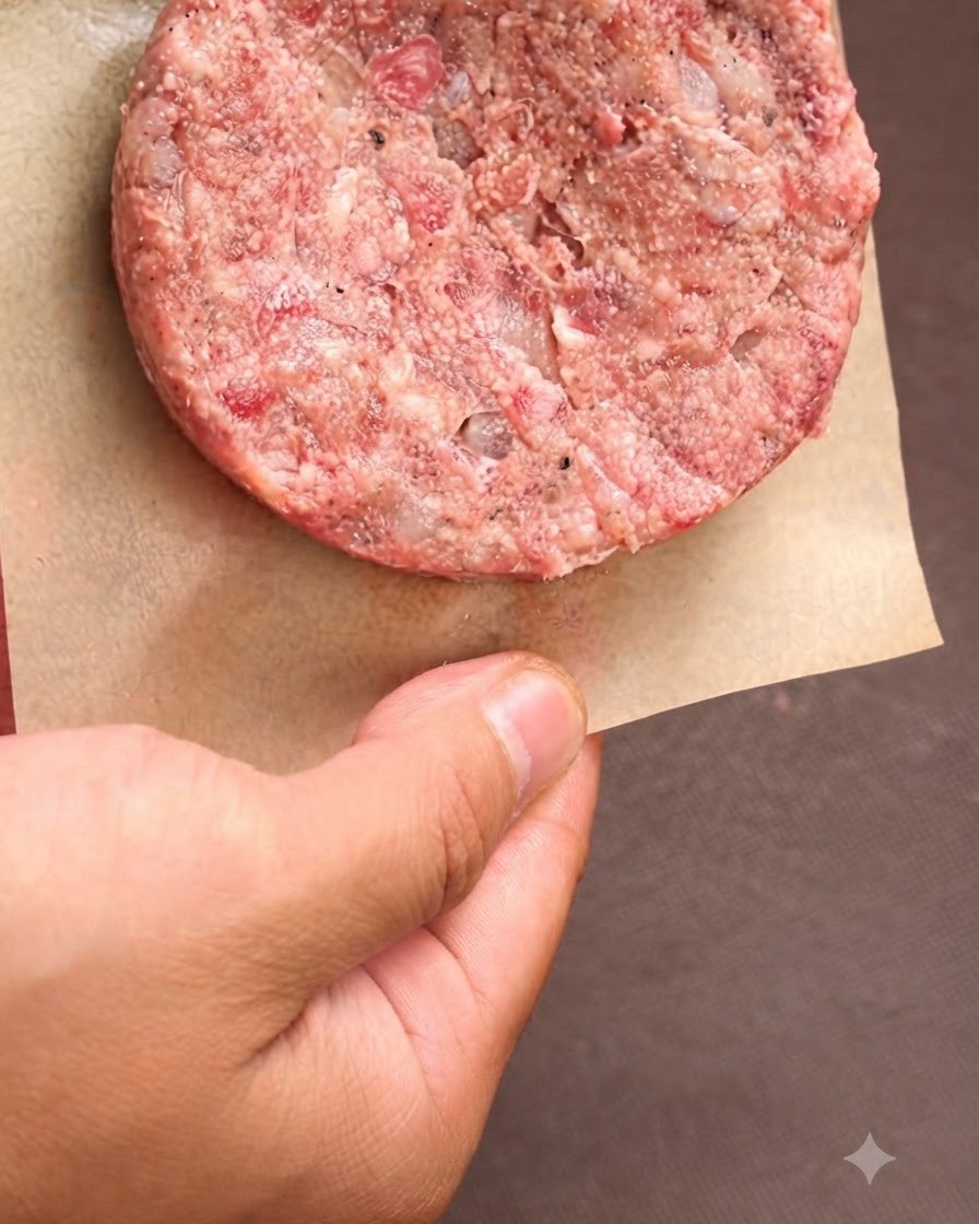 Several shaped raw burger patties layered with parchment paper inside a storage tray.