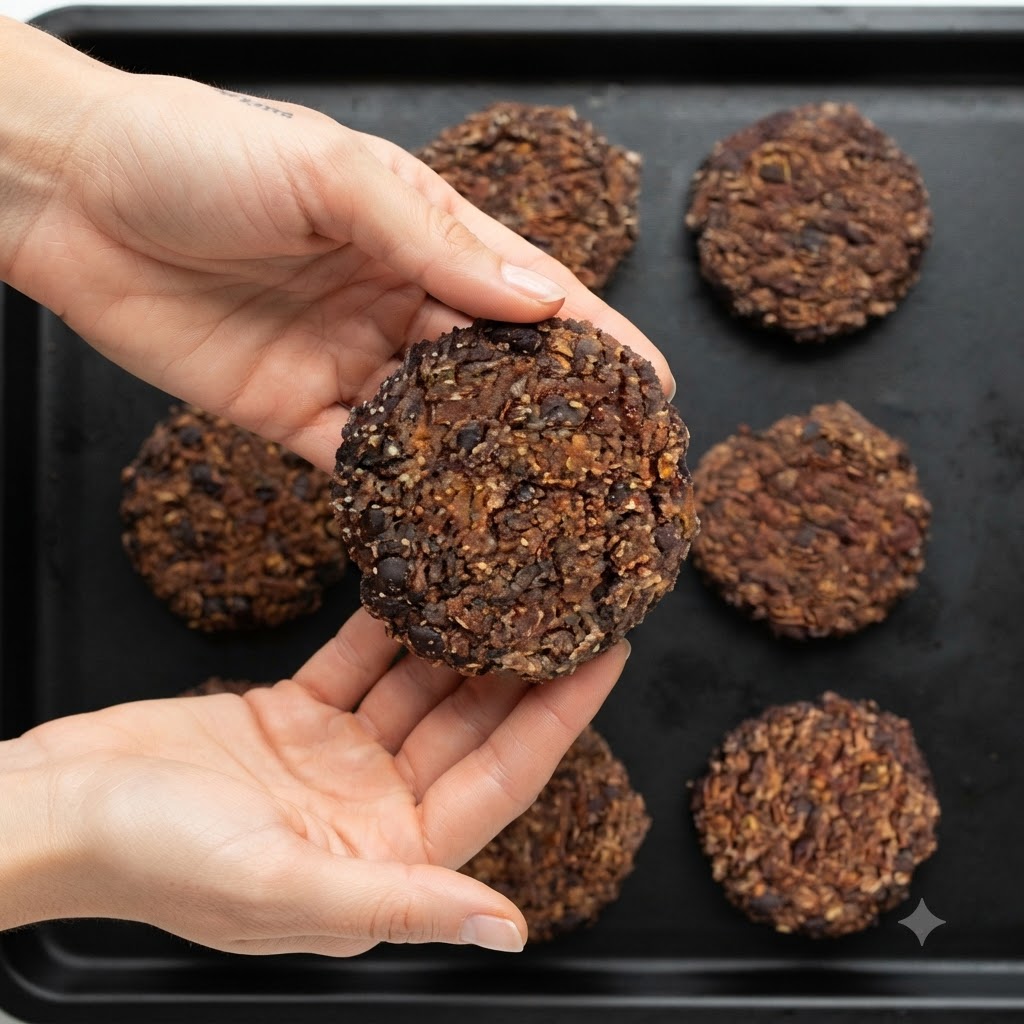 Baked burger patties being handled over a baking sheet filled with more patties.