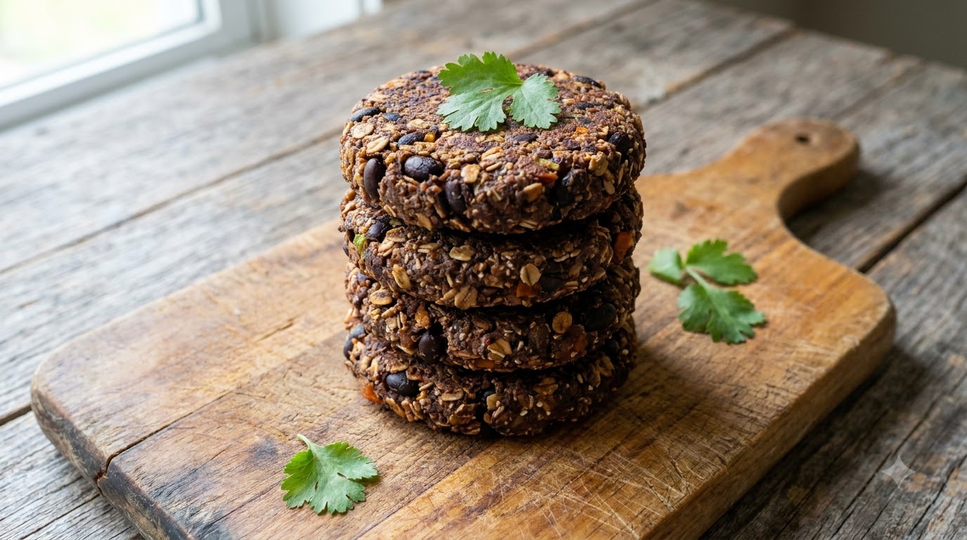 A tall stack of homemade dark brown bean and vegetable oat burger patties on a wooden cutting board