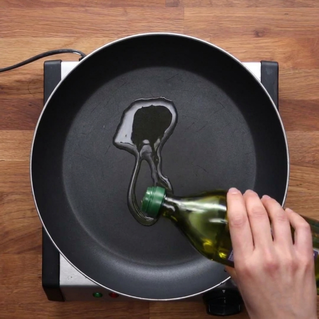 Olive oil being poured into a hot frying pan on a burner.