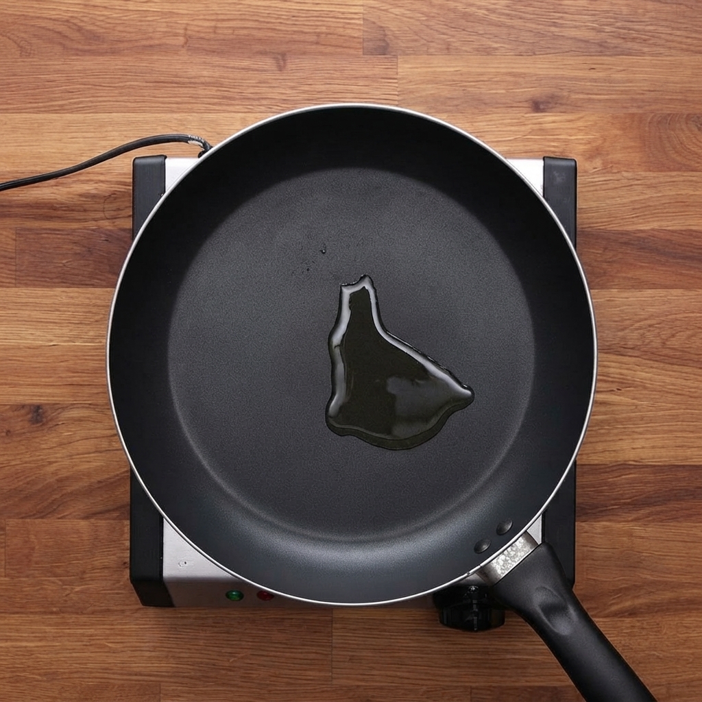 Chopped white onions sizzling in an oiled frying pan.