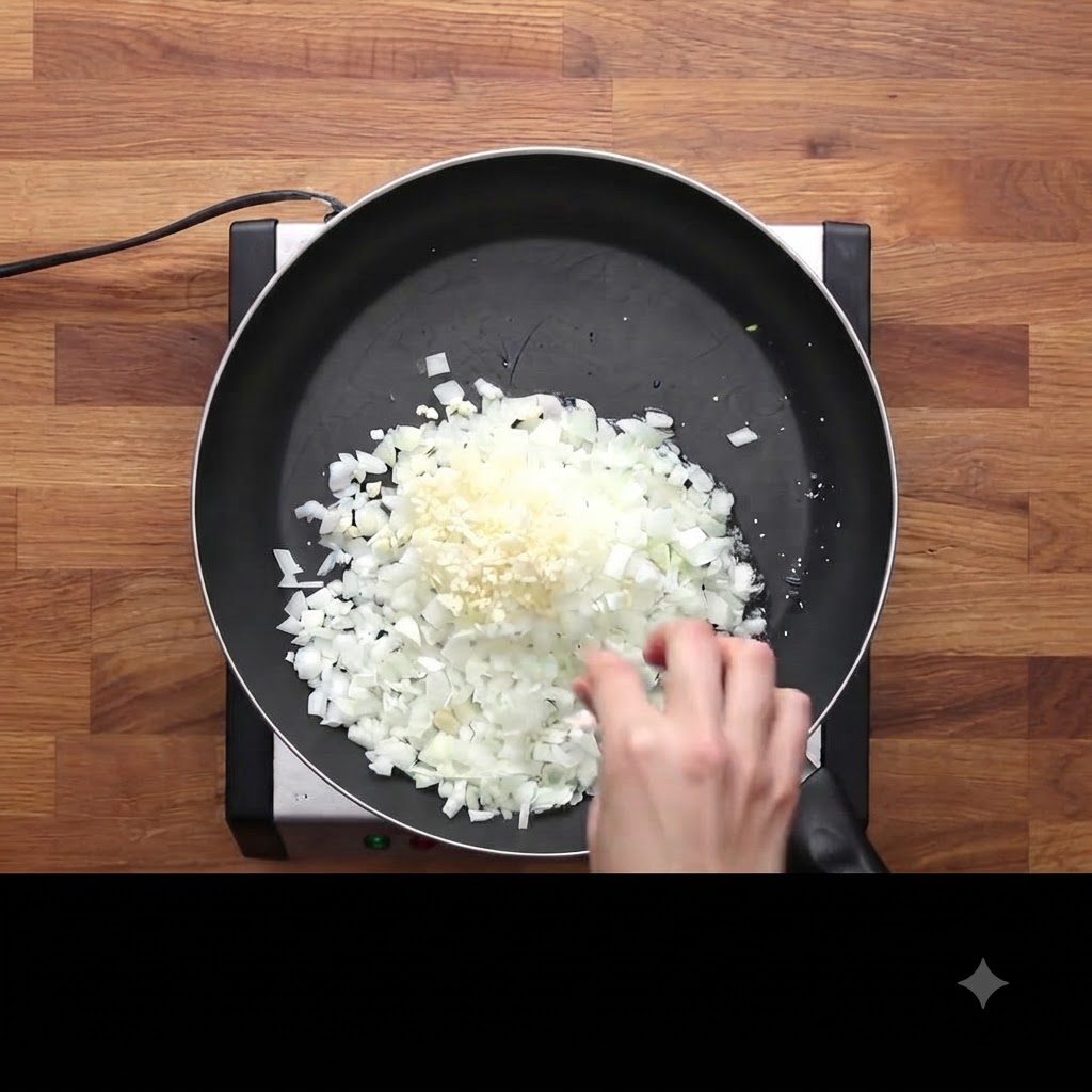 Black pepper being freshly ground onto onions in a cooking pan.