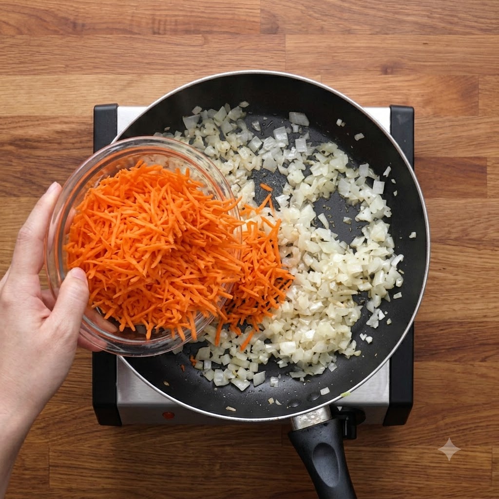 Shredded carrots being poured from a glass bowl into a frying pan with diced cooked onions.