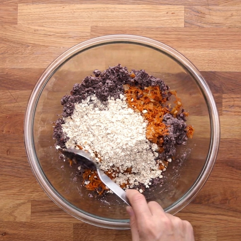 Quick oats being poured from a spoon into a glass bowl with black beans and vegetables.