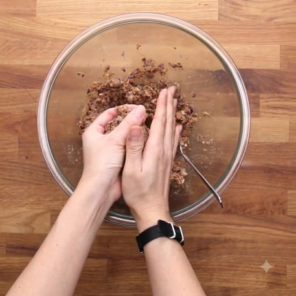 Hands shaping a black bean burger patty inside a glass bowl.
