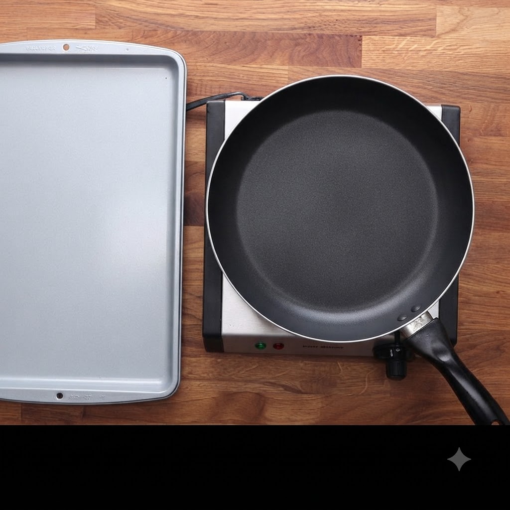 A hot frying pan and a baking sheet sitting side by side on a countertop burner.