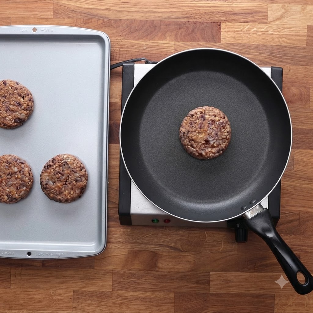 Black bean patties resting on a baking sheet next to a frying pan with a cooking patty.