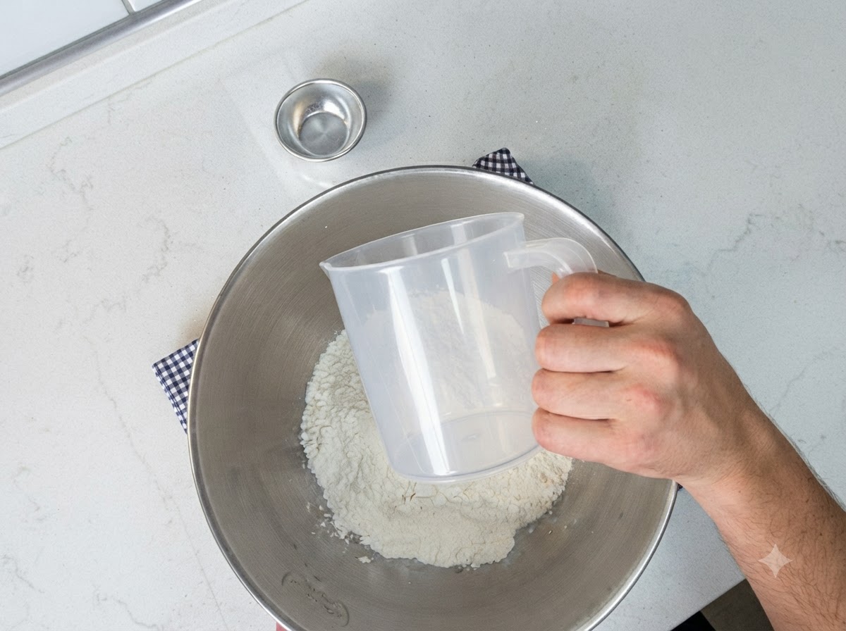 Baking powder being measured and added on top of the flour mixture inside the mixing bowl.